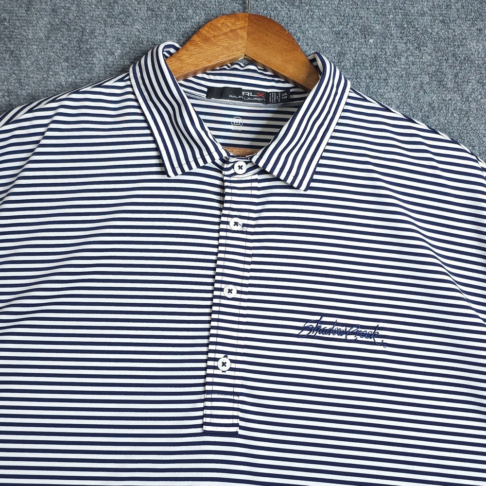RLX Ralph Lauren Polo 2XL White Blue Striped Short Sleeve Performance Stretch